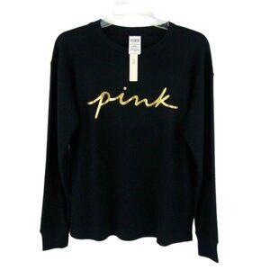 Victorias Secret PINK Black Gold Spellout Thermal Pajama Lounge Top Size XS New